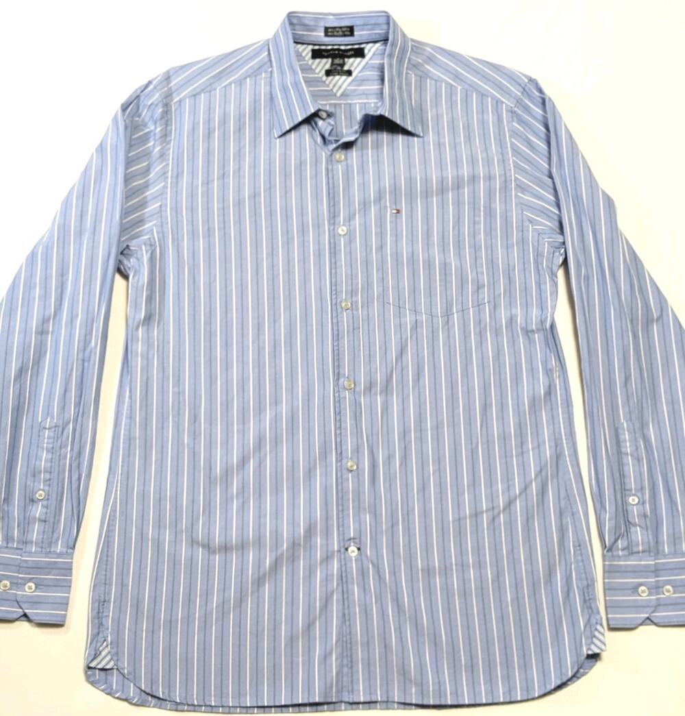 Tommy Hilfiger 80s 2-Ply Long Sleeve Button-Up Shirt, Size M Blue Custom Fit